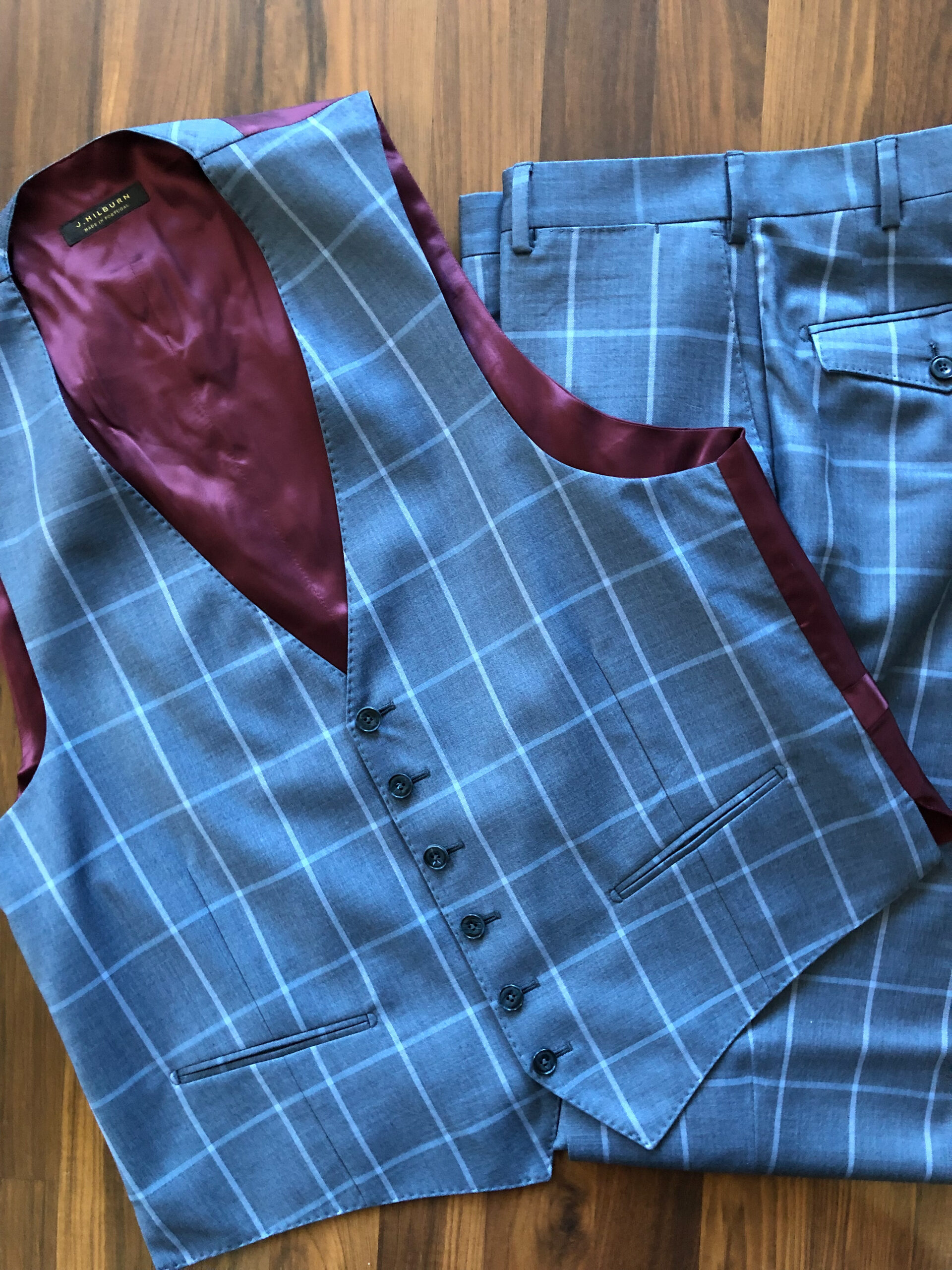 blue plaid vest and trousers